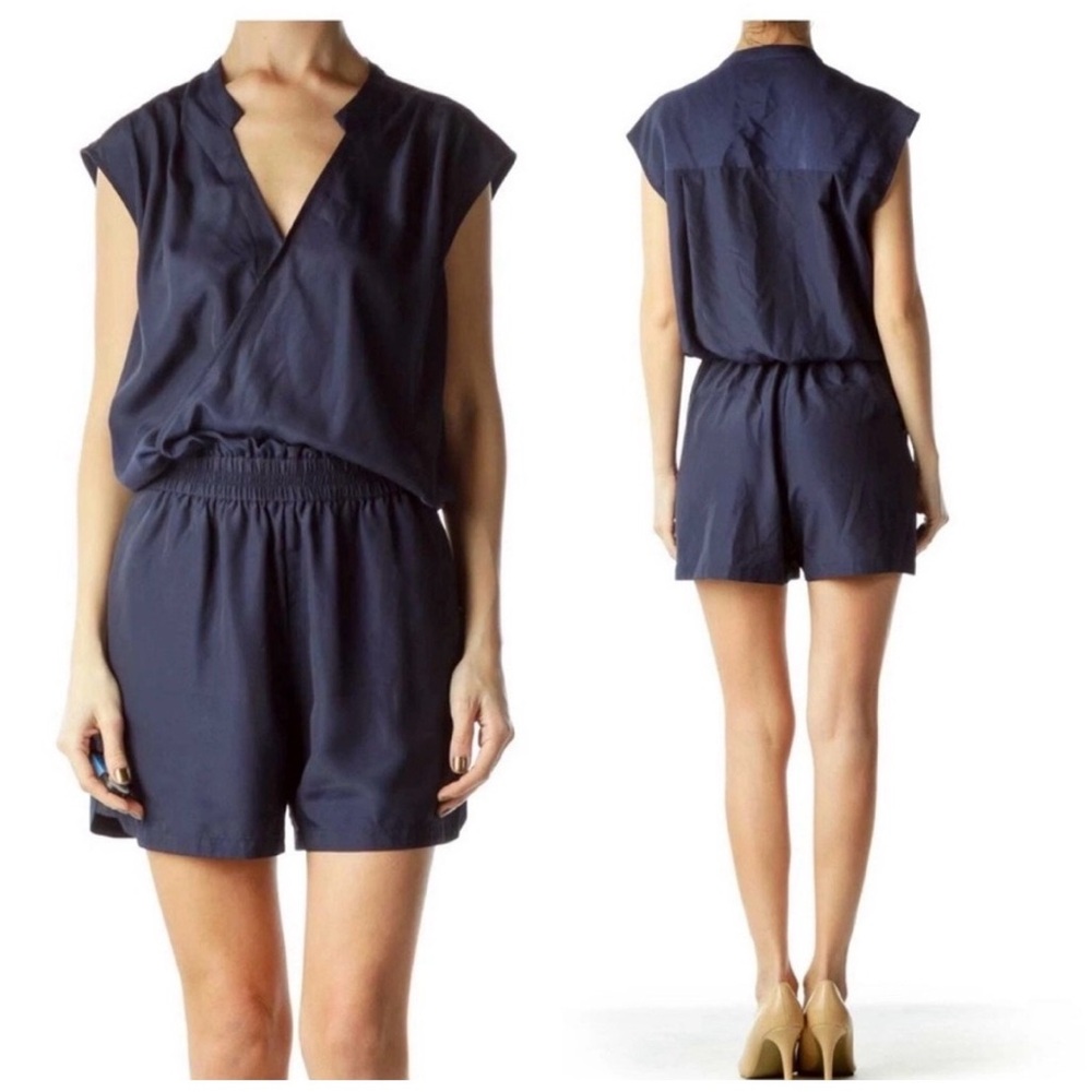 J.Crew Wrap Romper Womens Size 2 Navy Blue Sleeveless Surplice‎ V-Neck Elastic